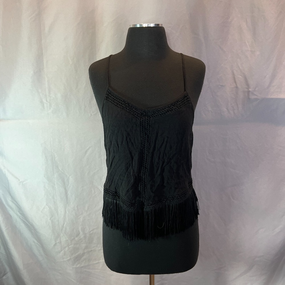 Idyllwind Briarwick Jacquard Fringe Lace Tank Top Womens S Black Spaghetti Strap